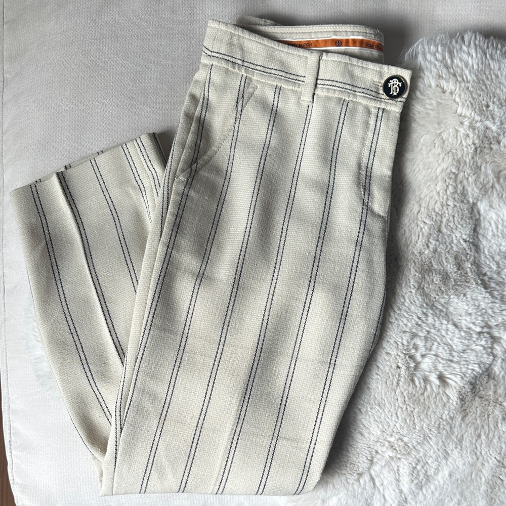 Tory Burch Cream Trousers with Navy Stripes